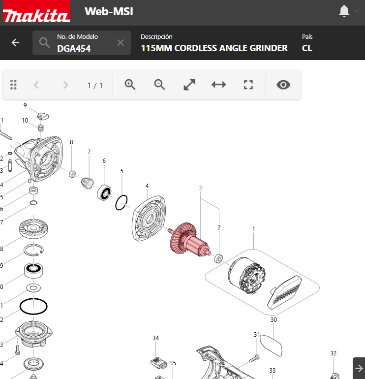 Inducido para esmeri Makita DGA454 ; 455 ; 456 ; 458 ; 461 ; 462 ; 463 ; 464 ; 468  / cod: 510329-1